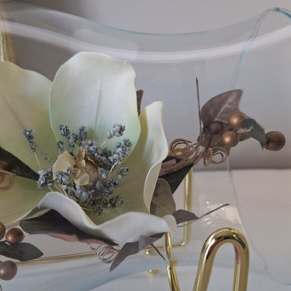 Vintage Gold Tone ( Brass look) Hurricane glass vase Terrarium Faux Floral - Picture 3 of 5